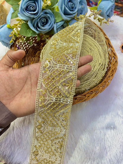 ✨ Premium Golden hand made   3inch Embroidered Zari Lace – Elegant Decorative Border pack of 9 meter golden