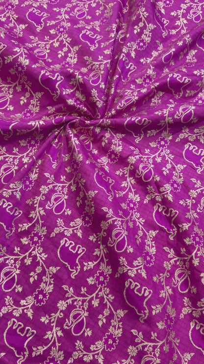 Premium MAGENTA Silk Brocade Banarasi Fabric with Elephant & Floral Motifs 44INCH WIDTH